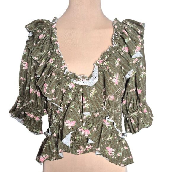 Free People Favorite Girl Top Army Combo Floral Garden Party Boho Size Medium - Picture 2 of 5